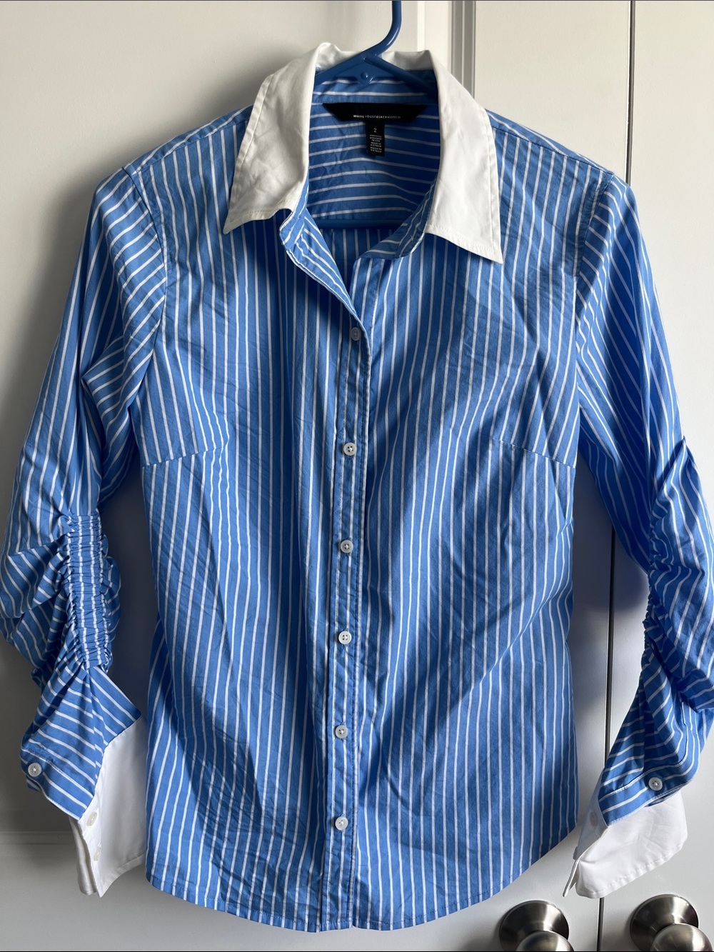 White House Black Market blue striped button down blouse